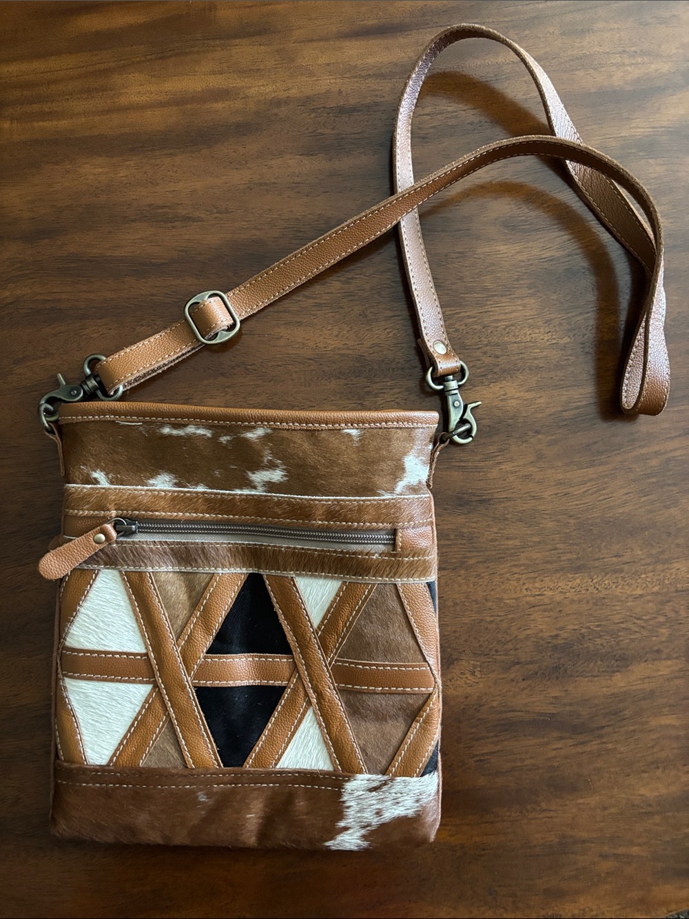 Myra Bag Brown Tan White Crossbody with Geometric Patchwork